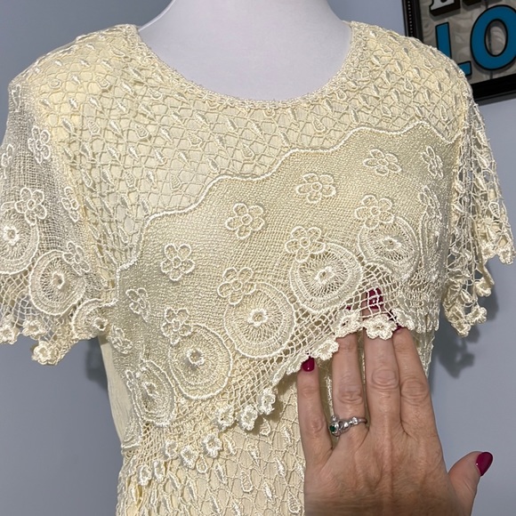 Vintage Magnet Art by Lynn Yang Yellow Embroidered Lace Maxi Dress Size Small - Picture 5 of 15